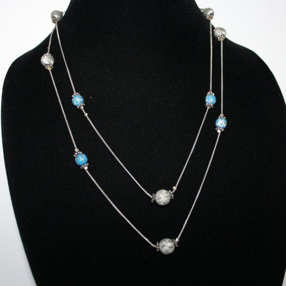 Silver and blue ball bead chain necklace 44"
